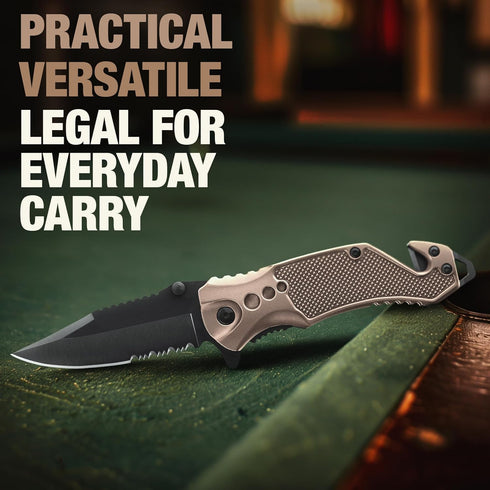 Legal Pocket Knife - Coyote Tan 2.95” Sharp Serrated Edge Blade, Multi Tool Knife with Seatbelt Cutter & Glass Breaker