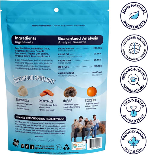 healthybud Mini Dog Training Treats - Beef Liver Soft Trainer Bites, 500+ Bits, 1 kCal per Bite, 6.5oz, Reishi, Lion’s Mane, Salmon Oil, Puppy Chews