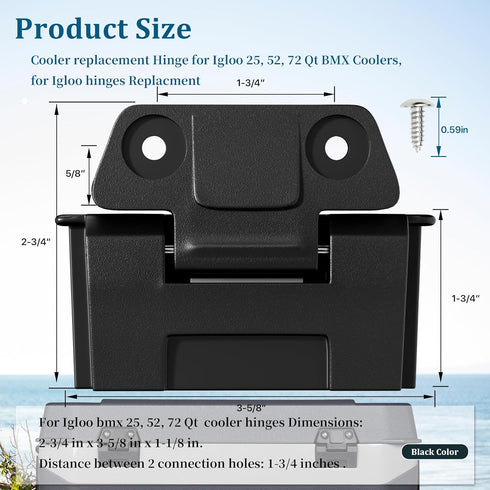Ig-loo Coolers Hinge Replacement Parts, 2 Pack Latch for 25, 52, 72 Qt BMX Coolers with 4 Screws, Outdoor Cooler Hinges