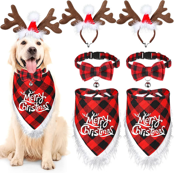 6 PCs Dog Christmas Costume Elk Reindeer Antler Headband Buffalo Plaid Bandana