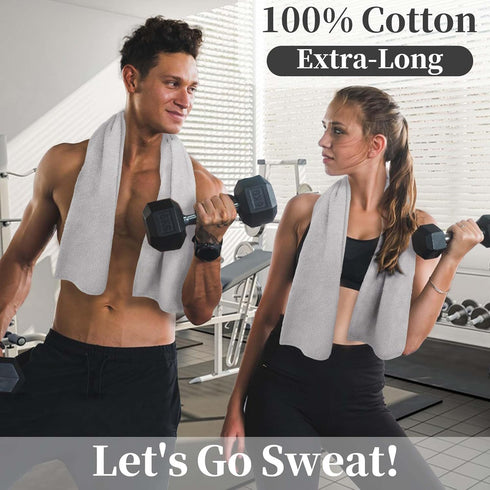 (2PC, 13"x43") 100% Gray Workout Towels for Gym - Cotton, Breathable, Soft & Absorb - Sweat Towel for Men & Women