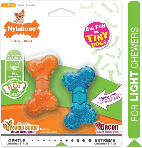 Nylabone Peanut Butter & Bacon Flexi Chew Bone – Moderate Chew – XX-Small/Tiny (2 Count).