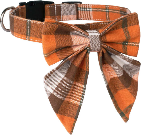 ADOGGYGO Fall Dog Collar with Bow, Adjustable Cotton Orange Bowtie for Small Dogs, Halloween Thanksgiving (Small, Fall)