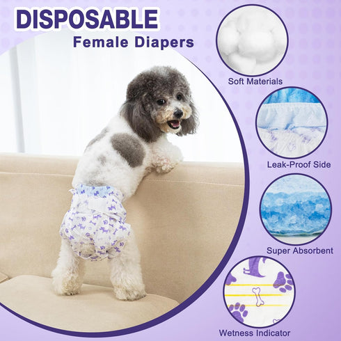 40pcs Pet Soft Female Dog Diapers - Disposable Doggie Diapers with Wetness Indicator, Puppy & Cat Diaper Super