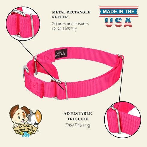 Country Brook Petz Martingale Dog Collar, Heavy-Duty Training Collar, Hot Pink, 1 Inch, Large