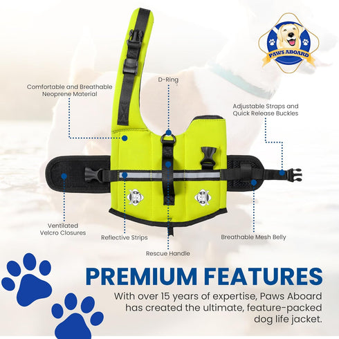 Paws Aboard Dog Life Jacket - Adjustable, Reflective, Comfortable Swim Vest for Dogs, XX-Small to Extra Large (Neon