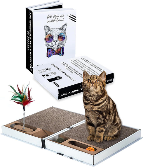 All-in-One Cat Scratcher Pad and Play Area, Foldable Book-Shaped Cardboard with 2 Reversible Scratch Pads