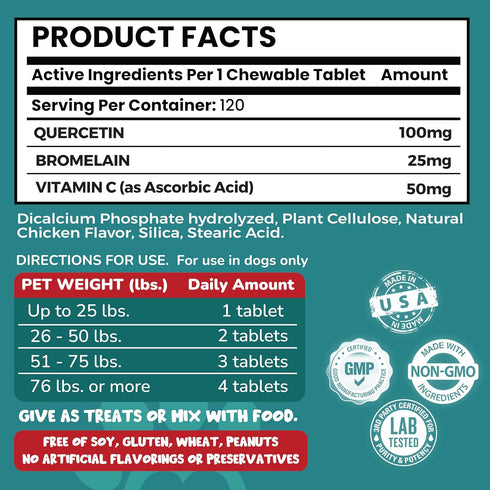 Quercetin for Dogs with Bromelain and Vitamin C, 120 Chewable Tablets for Allergies and Immune Support