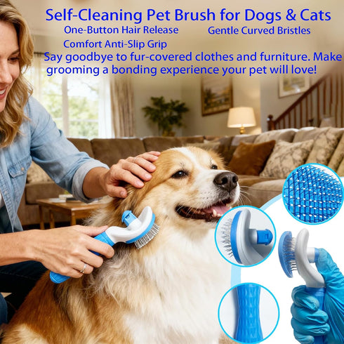 5-in-1 Pet Grooming Kit with Self-Cleaning Slicker Brush for Dogs & Cats, Includes Undercoat Rake, Dematting Comb