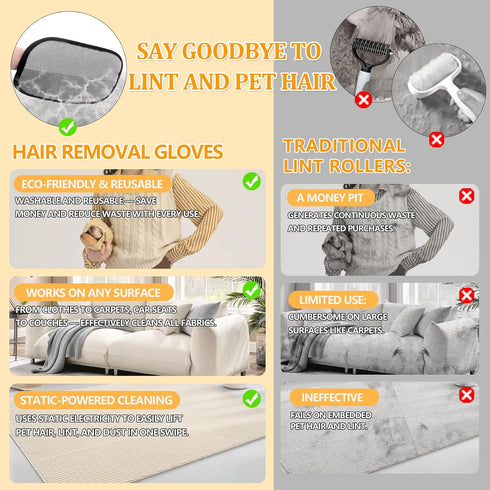 2 Pack Electrostatic Pet Hair Removal Gloves - Upgraded Reusable & Washable Pet Hair Remover Gloves for Cats & Dogs