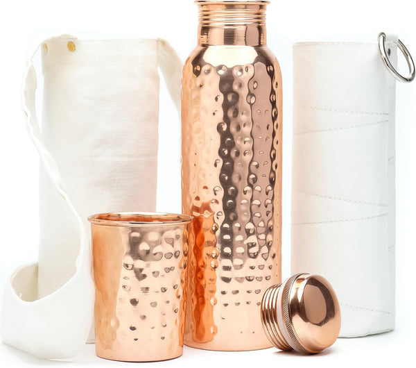 Pure Copper Water Bottle (34oz/1000 ml) with Copper Tumbler, Carrying Bag & Deco Sleeve, Lab-Tested, Leak-Proof