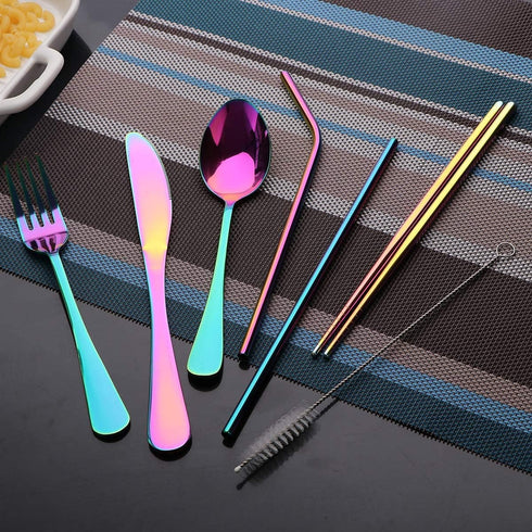 Travel Utensils Set with Case - Reusable Portable Cutlery Set, Stainless Steel 8pcs Including Knife, Fork, Spoon, Straws