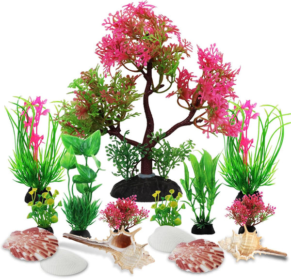 15pcs Aquarium Plants with Natural Decorations Shells, Colorful Artificial Fish Tank Decor for Household and Office