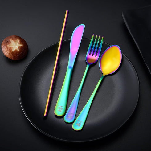 Travel Utensils Set, Reusable Camping Cutlery, Stainless Steel Flatware with Case, Knife/Fork/Spoon/Straw Included