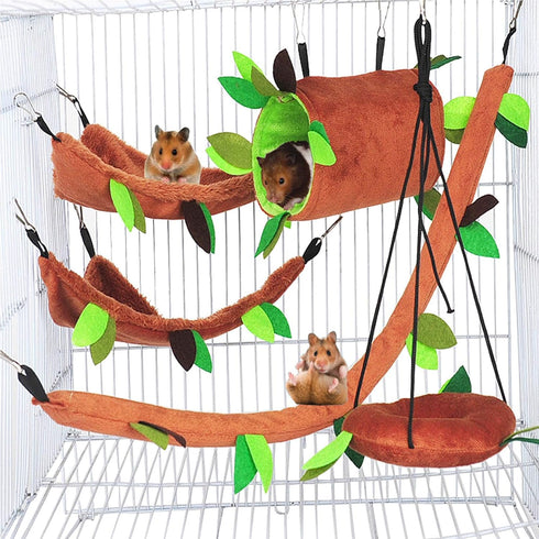 Hamiledyi 5PCS Hanging Bed & Hideout Set - Cotton Hamster Hammock, Tunnel, Swing Accessories for Dwarf Hamster, Rat,