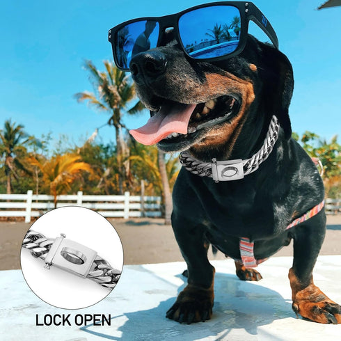 BAOBOTE Silver Chain Dog Collar, 16MM 18K Heavy Duty Cuban Link with Secure Snap Buckle for Dogs (22", Silver)