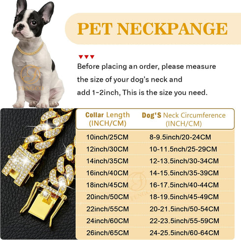 Gold Dog Chain Collar, Diamond Cuban Link 13mm Wide Necklace for Small Medium Large Dogs Cats, Metal Crystal (18 inch)