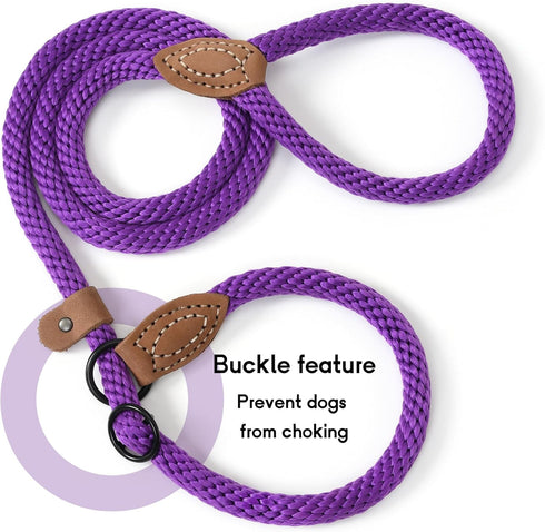 Mile High Life Slip Leads for Dogs | Heavy Duty Dog Training Leash | 4 Feet No Pull Slip Leashes w Leather Tip | Purple Rope Lead for Dogs Outside