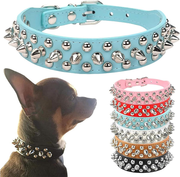 Spiked Dog Collar, Blue Soft PU Leather Funny Mushrooms Rivet Spike Studded Collar for Small Medium Large Dogs Cats