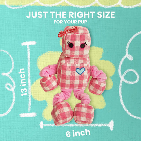 SNUG AROOZ Snugarooz Rosie The Robot Plush Dog Toy with Repair Patch Durable Gingham Linen - Bungee Arms & Legs