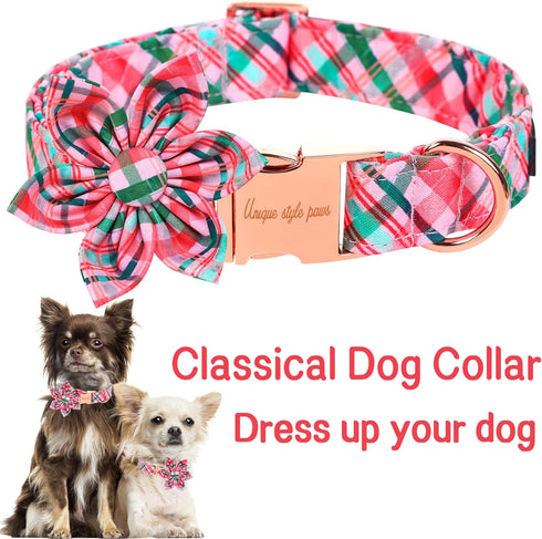 Unique Style Paws Dog Collar with Flower, Pink & Green Plaid, Best Gifts for Small Medium Large Dogs - XL