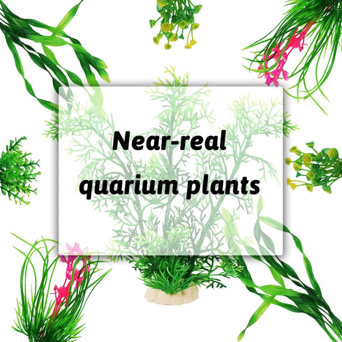 Fish Tank Accessories, 9pcs Green Decorations Plants and Cave Rock Decor Set for Aquarium, Plastic Plants for Fish Tank