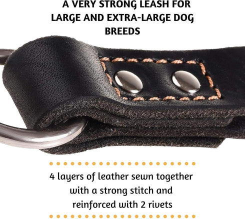 ADITYNA Short Leather Traffic Dog Leash - 12" length x 1" wide for Medium, Large, Extra-Large Breeds