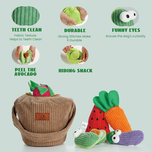 Pack- Nocciola Squeaky Fruits Veggies Stuffed Dog Toys Hide Seek Grocery Basket Crinkle Plush Puppy Toys to Keep Busy