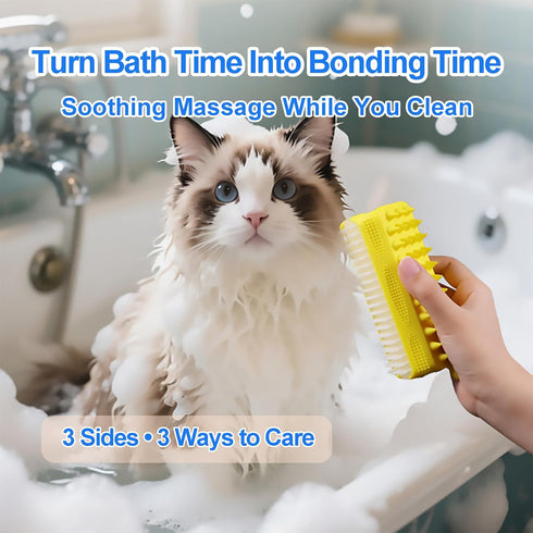 3-in-1 Triangular Dog Bath Brush for Dogs & Cats, Silicone Pet Grooming Brush with Deshedding Bristles, Massage Cones