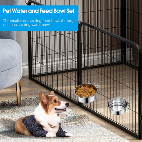 Dog Food Water Bowl for Cage, Stainless Steel Hanging Bowls, Non-Spill Detectable Crate Feeder for Dogs (Silver, XS)