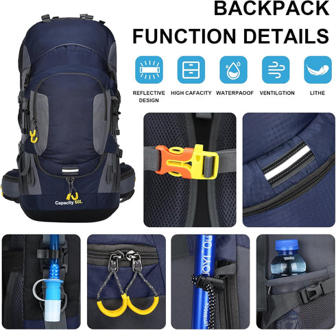 ShowyLive 60L Waterproof Hiking Backpack for Men - Durable, Lightweight with Rain Cover and Adjustable Straps, Blue