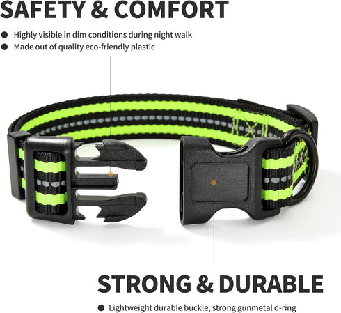 Mile High Life Reflective Dog Collar - Nylon Pet Collar with Buckle, Light Weight Lime Green for Large Dogs (L)