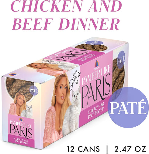 2.47oz (Pack 12) Weruva Paris Hilton Pamper Like Paris Natural Grain Free Wet Cat Food, Chicken and Beef Pat, Can