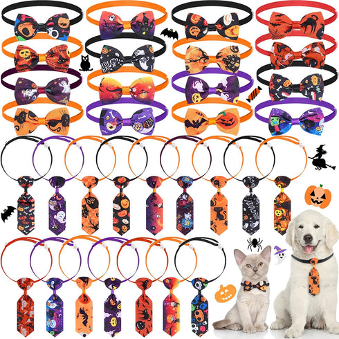 32 Pieces Halloween Dog Bow Ties & Adjustable Cat Bow Ties - Pumpkin Ghost Neckties for Halloween Fall Decoration