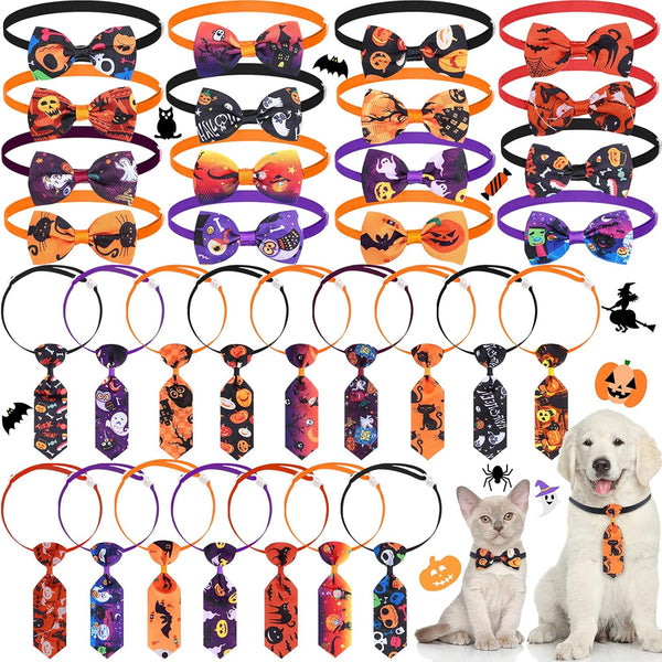 32 Pieces Halloween Dog Bow Ties & Adjustable Cat Bow Ties - Pumpkin Ghost Neckties for Halloween Fall Decoration