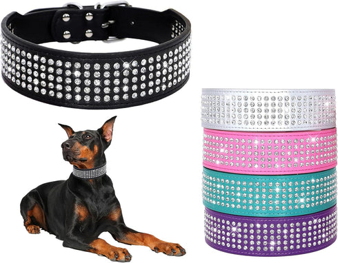 Rhinestones Dog Collars - 2" Wide Sparkly Crystal Studded PU Leather Collar for Medium and Large Dogs, 5 Rows