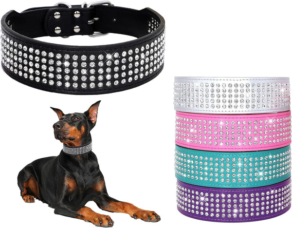 Rhinestones Dog Collars - 2" Wide Sparkly Crystal Studded PU Leather Collar for Medium and Large Dogs, 5 Rows