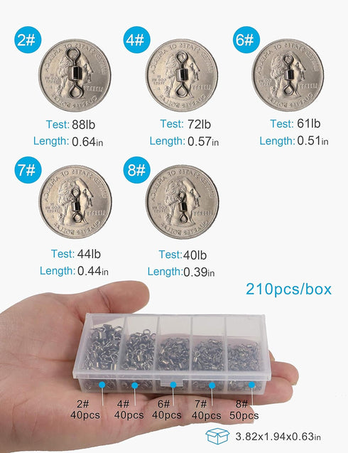 Fishing Barrel Swivels Set, 210pcs Rolling Bearing Snap Connector for Freshwater and Saltwater Fishing