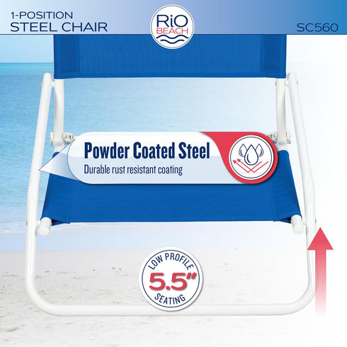 1-Position 190 lbs. Rio Brands Low-Profile Folding Beach Chairs, Lightweight Steel Outdoor Portable Camping Chairs