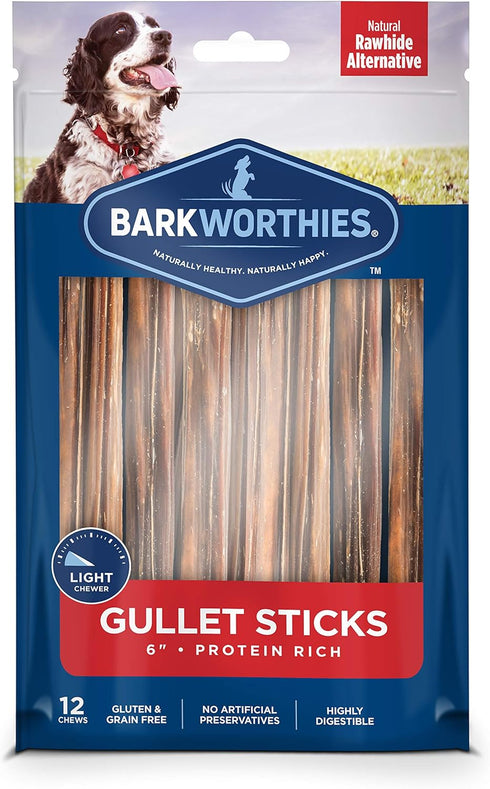 Barkworthies 6 Inch Beef Gullet Sticks, 12 Count Pack - Protein-Packed Dental Health Snack for Dogs