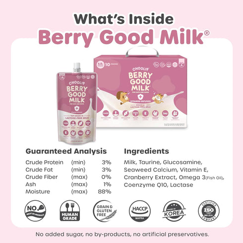 10-Pack 200ml CoQ10, Omega-3 Choolip Berry Good Milk for Cats & Dogs Lactose-Free Pet Milk, Pouches Vet-Formulated