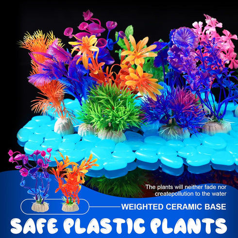Jexine 100 Pcs Fish Tank Rocks Glow Blue, Fish Tank Stones Accessories with 10 Pack Artificial Aquatic Plants