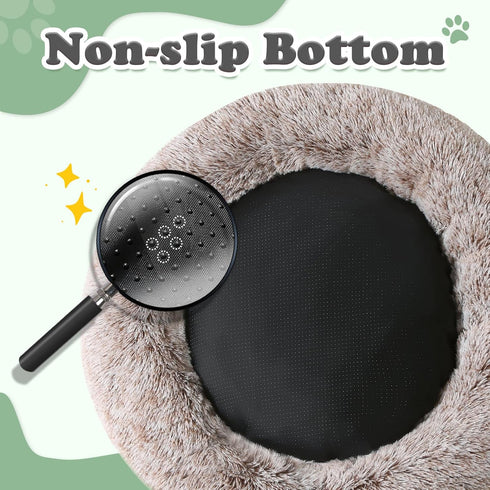 JOLLYVOGUE Calming Donut Dog Bed & Cat Bed, Washable Fluffy Faux Fur Plush Cushion for Small Dogs and Cats (20", Brown)
