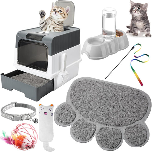 Tioncy 7 Pcs Small Cat Kitten Starter Kit - Cat Litter Box with Shovel, Cat Paw Litter Mat, Automatic Bowls, Toy Teaser