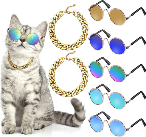 7 Pieces Dog Costume Set with Adjustable Gold Pet Chain and Funny Cute Sunglasses for Small Dogs