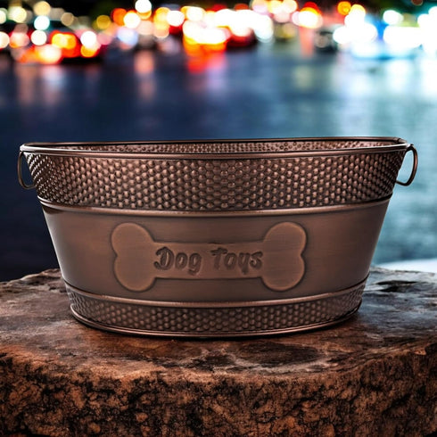 Indestructible Metal Dog Toy Bin, Copper Galvanized Storage Box with Handles, Dog Bone Design for Chew Toys, Blankets,