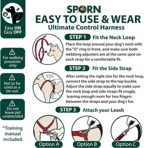 Sporn Medium Dog Harness, Black, Nylon with 4 Control Options & Easy-Grab Handle for Dogs up to 75 lbs