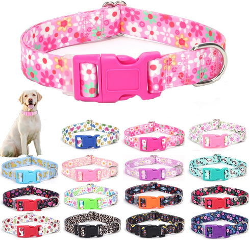Weimostar Dog Collar with Floral Pattern, Soft Comfortable Adjustable Buckle Cute Durable Nylon Puppy Collars for