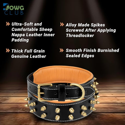 Genuine Leather Spike Dog Collar | Full Grain, Heavy Duty for Medium, Large, XL Breeds (1.75" Wide, Black)