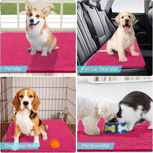 OLANLY Dog Door Mat for Muddy Paws, 30x20, Absorbent Non-Slip Washable Mat, Quick Dry Chenille, Hot Pink